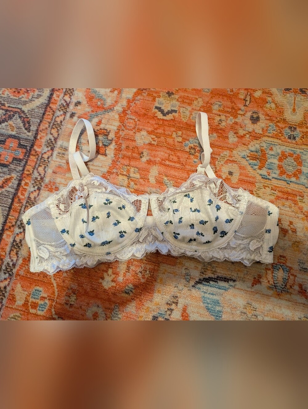 Women’s Lace Trim Floral Underwire Bra - White with Blue Flowers